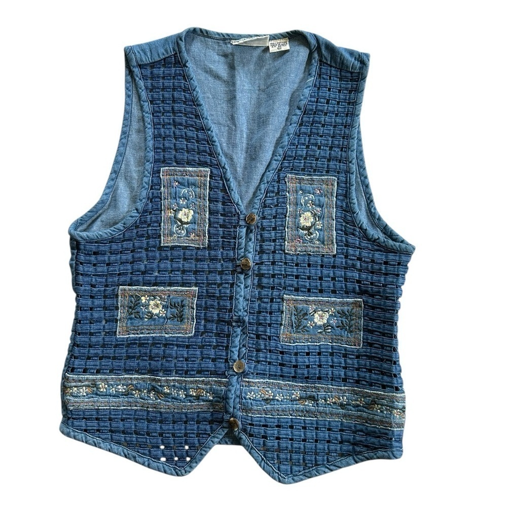 Vintage Basket Weave Denim Embroidered Floral Patchwork Vest Size M 100% cotton
